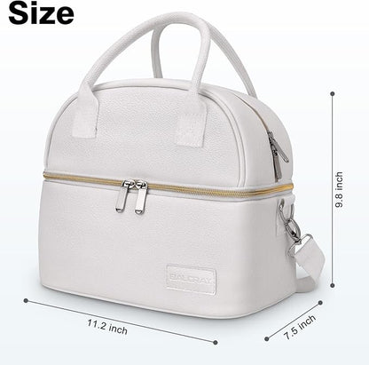 BALORAY Lunch Bag for Women Men, Double Deck Lunch Box for Adults, PU Leather Lunch Tote Bag Insulated Lunch Bags with Strap for Work Office Picnic
