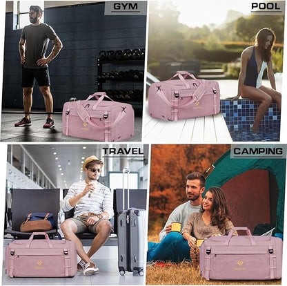 Eackrola Large Sports Gym Bag, Travel Duffel bag with Wet Pocket & Shoes Compartment for men women, 65L, Lightweight（Pink）
