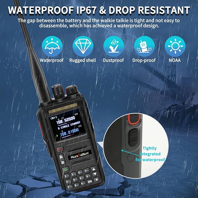 Ham Radio Handheld GMRS Radio: MaxTalker TK-W60 Waterproof Ham Radios Long Range 8W with Tactical Antenna, Two Way Radio Rechargeable Walkie Talkies with Earpiece, Multi-Band VHF UHF Radio for Camping