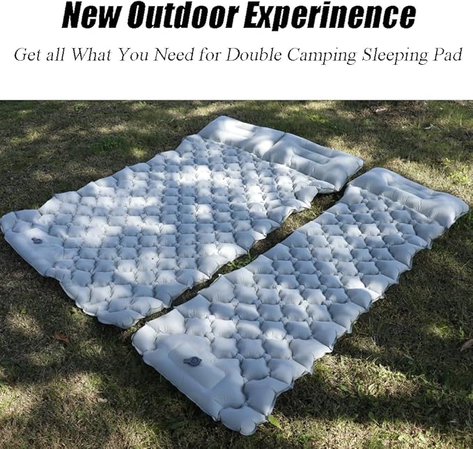 Sleeping Pad for Camping, Inflatable Sleeping Mat with Pillow, Camping Pad with Built-in Foot Pump, Lightweight Camping Mattress Pad for Car Camping, Backpacking, Tent and Hiking (Full (Grey))