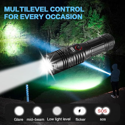 Flashlights High Lumens Rechargeable, Super Bright Flashlight, Adjustable Tactical Flashlight 5Mode Waterproof Handheld Flash light for Emergencies, Camping, Hiking