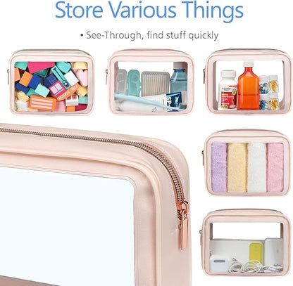 PACKISM TSA Approved Toiletry Bag - 2 Pack Upgrade Color-Edged Clear Makeup Bag, Clear Toiletry Bag For Traveling Fits Various Storage Needs, Black/Pink (2 Sizes)