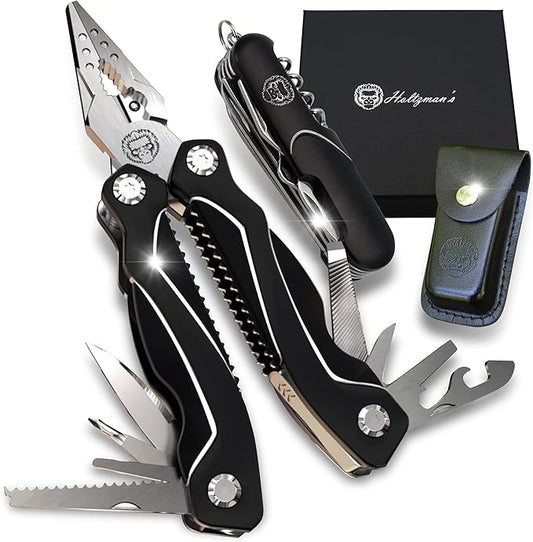 3 Piece Pocket Multitool Gift Set for Him-Stainless Steel Survival Multi Tool for Men - Clip to Belt & Backpack - Utility Knife Multitool, Pliers & Pocket Knife - Hiking, Camping & Fishing