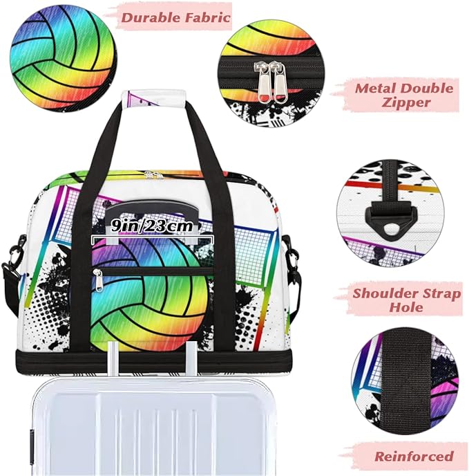 Sports Gym Bag, Volleyball Sport Ball Travel Duffel Bag with Shoes Compartment Waterproof Overnight Bag Workout Weekender Bag Boys Girls Yoga Dance Bag Gym Tote Bag for Women Men