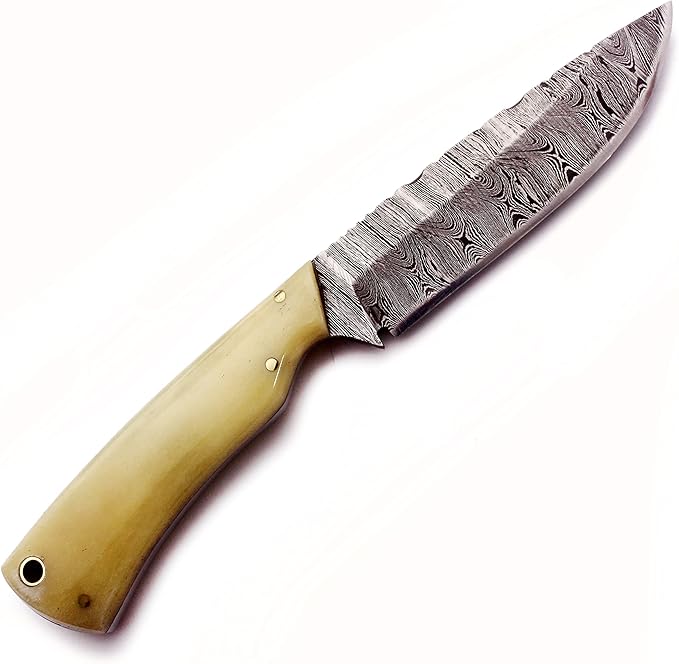 Handmade Damascus Steel Knife for Hunting,Survival,Camping,Bushcraft and Fishing-Fixed Blade Dagger with Drop Point Full Tang-Bone Handle with Cowhide-Leather Sheath DCX 22 -201