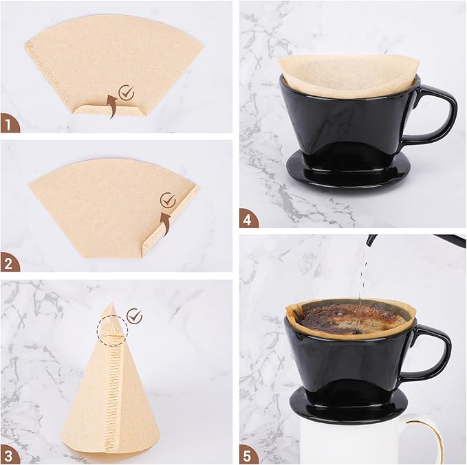 Segarty Pour Over Coffee Dripper Set, Single Cup Black Ceramic Coffee Maker with 200PCS Size #2 Cone Coffee Filter Paper, Slow Brewed Drip Pourover Coffee Brewer for Home Office Travel Camping