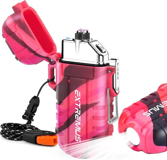 Extremus Blaze 360 Rechargeable Electric Lighters, Dual Arc Lighter, Windproof Plasma Lighter, Waterproof Lighter, Flameless Lighter with Whistle Lanyard for Camping (Pink Camouflage)