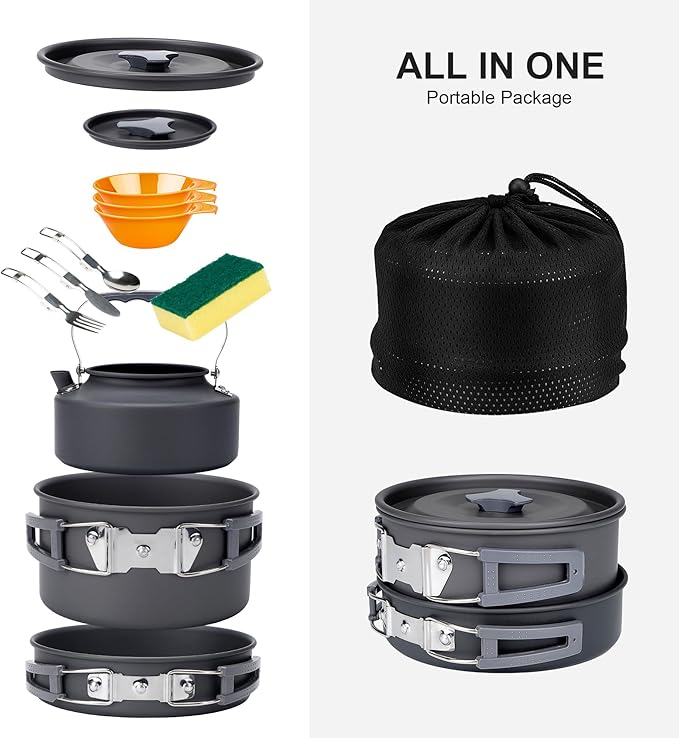 Alocs Camping Cooking Set Camping Gear, Camping Pots and Pans Set, Portable Camping Cookware Camping Essentials with Accessories for Outdoor Cooking, Backpacking, Hiking and Picnic.