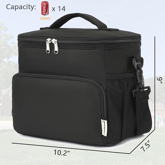 Unisex Insulated Lunch Bag, Black, 10.2 x 7.5 x 9 inches, Durable Oxford Fabric, PEVA Lining, 3+ Years