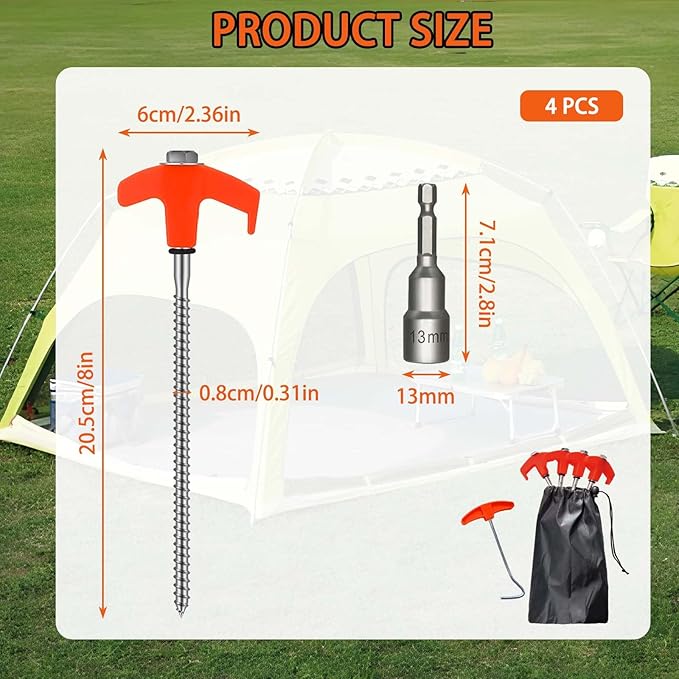 4 Pack 8" Screw in Tent Stakes Heavy Duty Ground Anchors, Tent Pegs Metal Tent Spikes Camping Tent Stakes with Hex Head Driver & Nail Extractor for Outdoor, Camping, Canopy, Gardening, Beach
