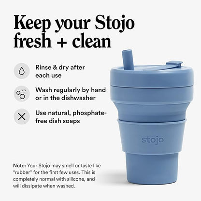 STOJO Collapsible Travel Cup With Straw - Steel Blue, 16oz / 470ml - Reusable To-Go Pocket Size Silicone Bottle for Hot and Cold Drinks - Perfect for Camping and Hiking - Microwave & Dishwasher Safe