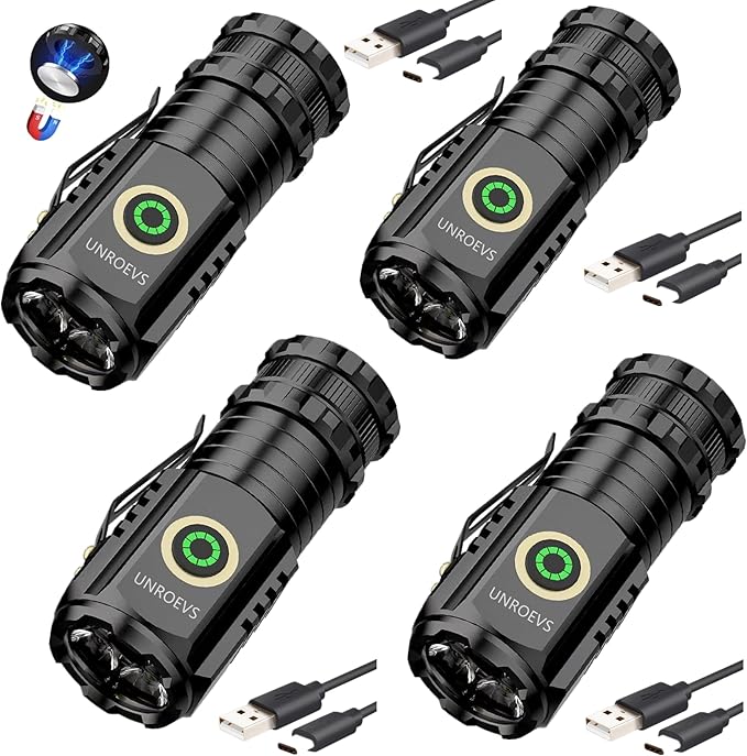 Mini Flashlight 2550 Lumens Rechargeable USB C Charging, Small Flashlights High Lumens 5 Modes, Pocket Flashlight with Clip, Magnetic Flashlight for EDC,Camping, Hiking,Emergency (4 Pack)