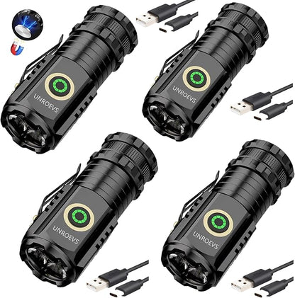 Mini Flashlight 2550 Lumens Rechargeable USB C Charging, Small Flashlights High Lumens 5 Modes, Pocket Flashlight with Clip, Magnetic Flashlight for EDC,Camping, Hiking,Emergency (4 Pack)