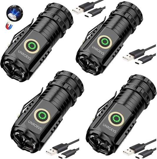 Mini Flashlight 2550 Lumens Rechargeable USB C Charging, Small Flashlights High Lumens 5 Modes, Pocket Flashlight with Clip, Magnetic Flashlight for EDC,Camping, Hiking,Emergency (4 Pack)