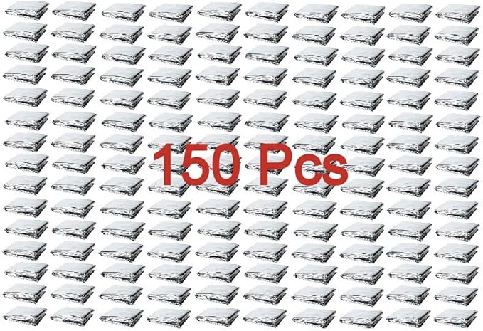 GALAXYLENSE Emergency Mylar Thermal Blanket for Survival First Aid Kits Army Outdoors Hiking Camping Bug Out Trauma Desert All Weather Condition Protection (150 Packs Silver)