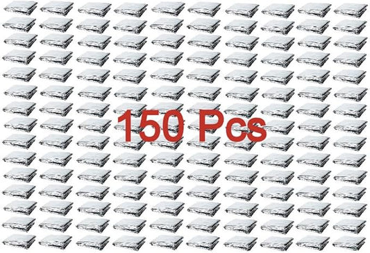 GALAXYLENSE Emergency Mylar Thermal Blanket for Survival First Aid Kits Army Outdoors Hiking Camping Bug Out Trauma Desert All Weather Condition Protection (150 Packs Silver)