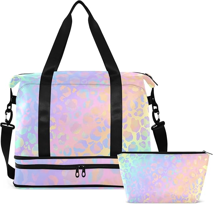 Rainbow Leopard Print Gym Bag for Women - Neon Sports Duffle Travel Tote with Toiletry & Shoes Compartment, Dry/Wet Separation Swim Bag