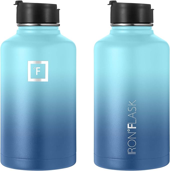 IRON °FLASK Camping & Hiking Hydration Flask, Wide Mouth, 3 Straw Lids, Stainless Steel Outdoor Water Bottle, Double Walled, Insulated Thermos, Metal Canteen - Blue Waves, 64 Oz
