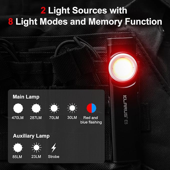 klarus E5 Pocket Flashlight, Rechargeable EDC Flashlight, Super Slim Flat 4.2x1x0.3inch, 470 Lumens, USB-C Port, IPX4, Dual Light Source with Magnetic Base, Hat & Clothes Clip - Black