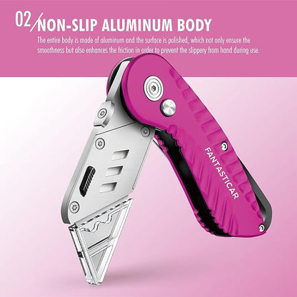 FantastiCAR Folding Utility Knife, Metal Box Cutter Body, with Safety Lock and 5 Extra Blades (Hot Pink)