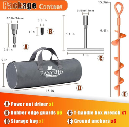 15 Inch Ground Anchors Screw in, 6 Pack Heavy Duty Tent Stakes with T Handle Hex Wrench and Power Nut Driver, Upgraded Metal Trampoline Stake Spiral Anchor Kit for Camping Tent, Swing Set, Canopy