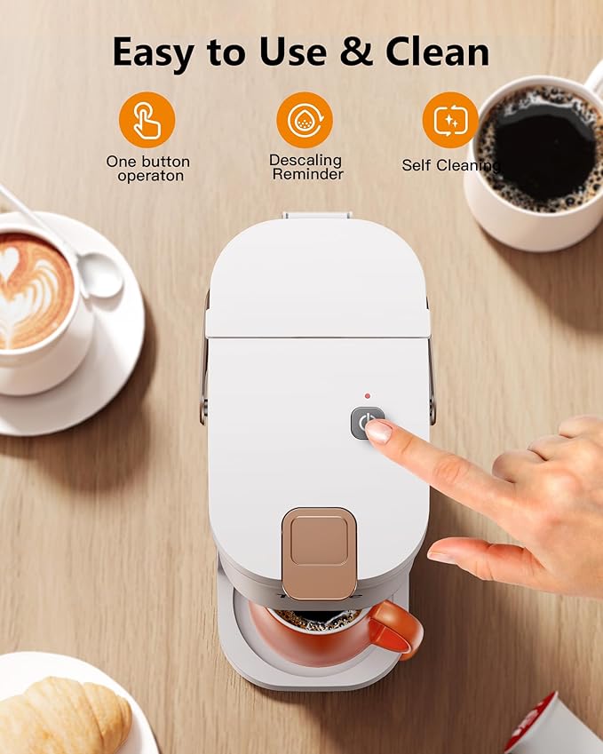 Single Serve One Cup Coffee Maker, for K Cups and Grounds, Mini Coffee Maker with Portable Handle, 6 to 12 Oz Brew Size, for Travel, Camping, Office, RV and Dorm, White and Brown