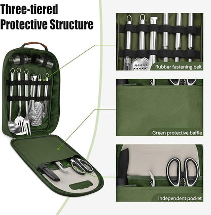 Extremus 13 Pcs Camp Kitchen Cooking Utensil Set Cookware Kit - Travel Organizer Grill Accessories Portable Compact Gear for Backpacking BBQ Camping Travel,Combat Green