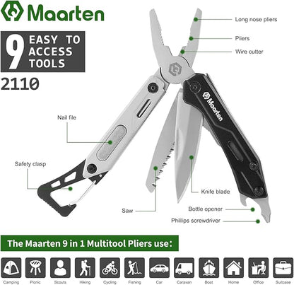 Maarten Multitool, 9-in-1 Stainless Steel Multi Tool Pocket Knife with Screwdriver, Self-locking Multitool Pliers, Survival, Bottle Opener, Camping, Hiking, Simple Repair