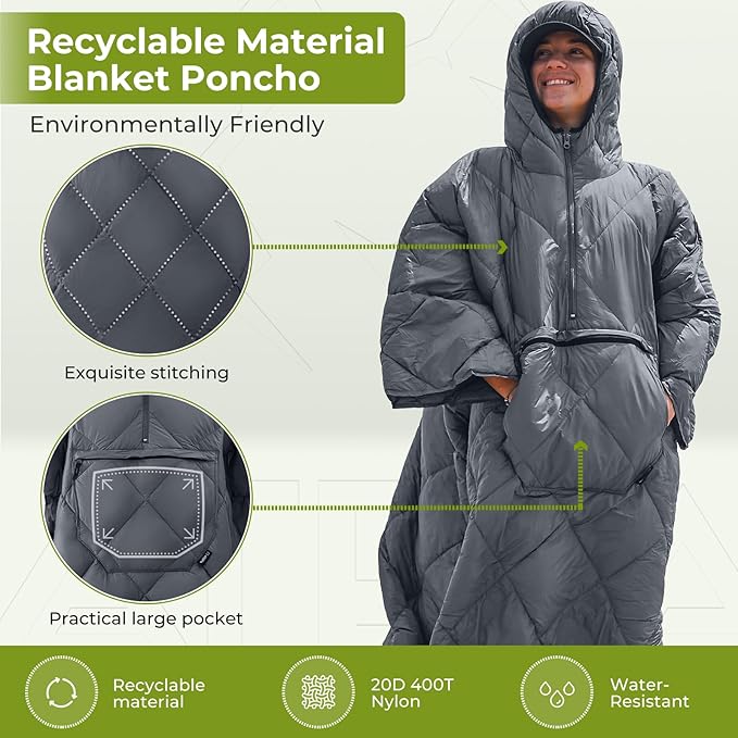 ATEPA Blanket Poncho Hooded Ultralight Water-Resisitant Warm Wearable Blanket Sleeping Bag Coat Cloak Camping Blanket