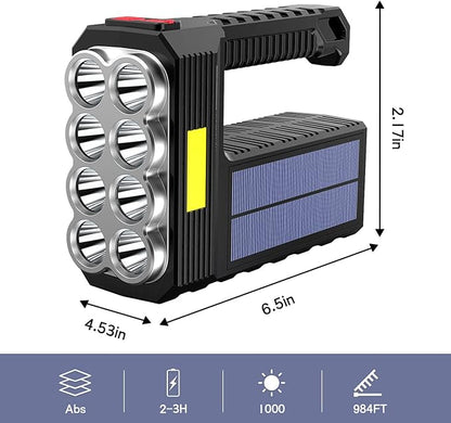 Solar Flashlight Rechargeable 8 LED Handheld with COB Sidelight, High Lumens 3 Modes Searchlight, Portable Lightweight Waterproof Spotlight for Fishing Outdoor Camping Emergencies