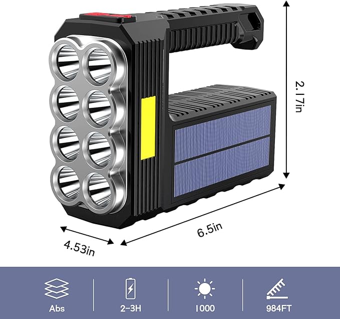 Rechargeable 8 LED Handheld Solar Flashlight with COB Sidelight, High Lumens 3 Modes Searchlight, Portable Lightweight Waterproof Spotlight for Fishing Outdoor Camping Emergencies