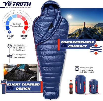 Lightweight Down Mummy Sleeping Bag with 650-FP Duck Down, Ideal for Camping and Backpacking, Durable Ripstop Nylon, Comfortable Footbox, 20°F, 2024