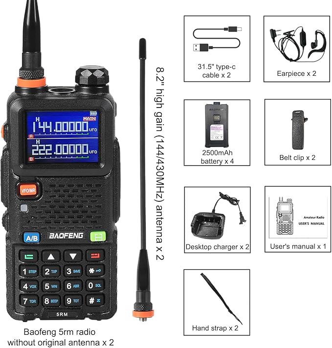 Ham Radio Handheld Baofeng Radio 5RM Upgraded of UV-5R High Power Long Range Walkie Talkies for Adults Multi-Band Two Way Radio NOAA Weather Copy Frequency USB C Charger 999CH Outdoor Hiking Camping