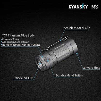 CYANSKY M3 Mini Titanium LED Flashlight ,700 Lumens, 5 Modes , EDC Keychain Flashlights with Rechargeable Battery, IP68 Waterproof