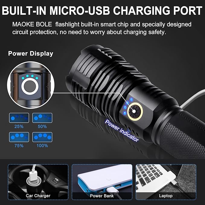 Flashlights High Lumens, LED Flashlight Rechargeable Super Bright 40000 Lumens XHP70.2, High Power Tactical Flashlights, Powerful Handheld Emergency Flashlight for Camping Hiking Gift