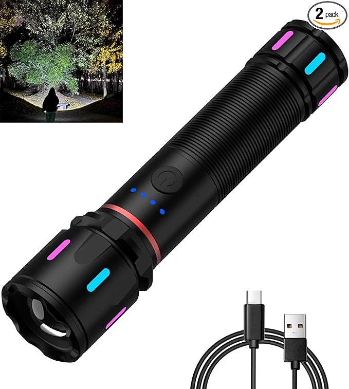 2 Pack LED Rechargeable Flashlights High Lumens, 1500+ Lumens Super Bright Zoomable Fluorescent Flashlights, Waterproof Powerful Multifunctional Flashlights for Home Camping Hiking