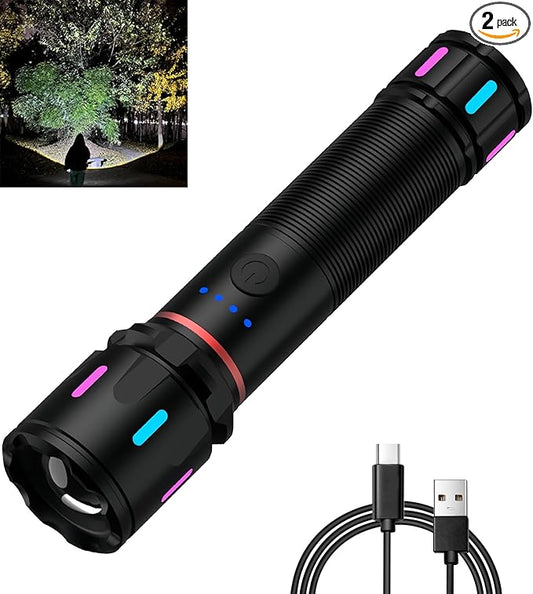 2 Pack LED Rechargeable Flashlights High Lumens, 1500+ Lumens Super Bright Zoomable Fluorescent Flashlights, Waterproof Powerful Multifunctional Flashlights for Home Camping Hiking
