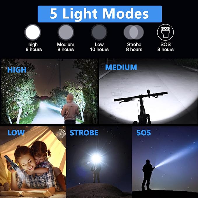 Flashlights High Lumens Rechargeable - 990000 Lumen Led Rechargeable Flashlight with 5 Modes Super Bright Flash Lights USB Powerful Torch Light Waterproof for Home Camping Outdoor
