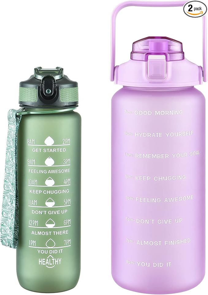 2 Pack Water Bottles 64 Oz + 27 Oz, Sport Water Bottle with Straw & Time Marking,Gym Drinks Bottle, Half Gallon Motivational Water Jug for Women, BPA Free