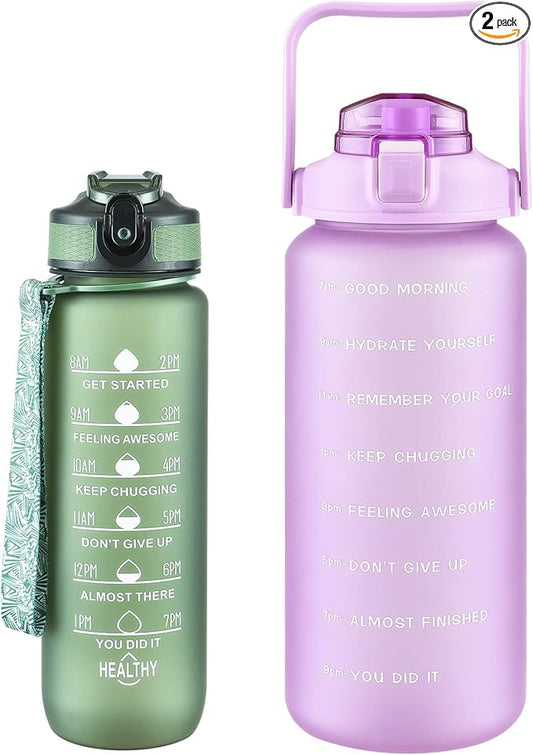 2 Pack Water Bottles 64 Oz + 27 Oz, Sport Water Bottle with Straw & Time Marking,Gym Drinks Bottle, Half Gallon Motivational Water Jug for Women, BPA Free