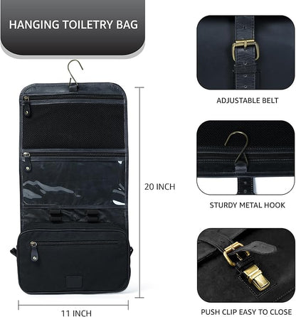 LEATHER VILLAGE Hanging Toiletry Bag for Men & Women, Handcrafted Vintage Cosmetic & Shaving Organizer Travel Dopp Kit- Black