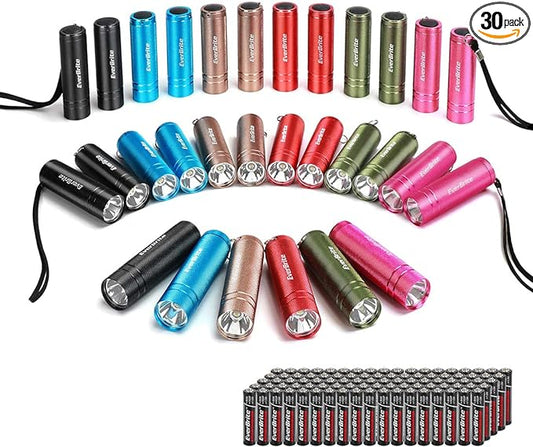 EverBrite 30-Pack Mini Flashlight Set, Aluminum LED Handheld Torches with Lanyard, Assorted Colors, Batteries Included for Party Favors, Night Reading, Camping, Power Outage, Gift to Christmas
