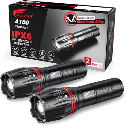 HAUSBELL LED Flashlight 2Pack 2000 High Lumens,Bright, Zoomable, Waterproof, Powerful, Emergency Tactical A100 LED Flashlights for Home and 5 Modes, Flashlight for Camping Gear、Hiking、Walking（2Pack）
