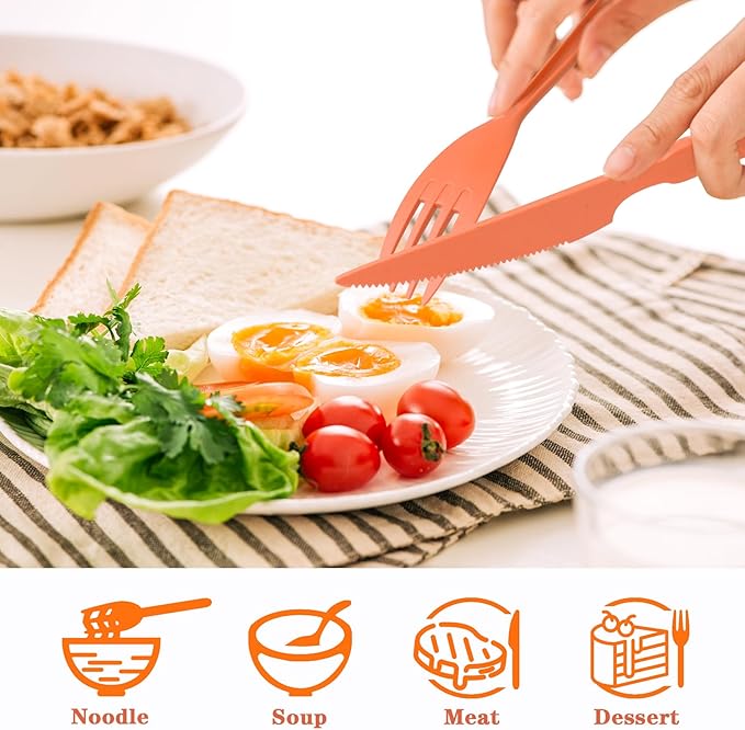 Lnrkai Large Reusable Utensil Set with Case, 4 Sets Portable Plastic Spoons Fork Knife Camping Utensils Silverware for Lunch Box Accessories for Kids Adults Travel Picnic Camping Use(Dark Color)