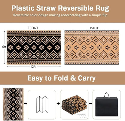 LILIOFFIC Outdoor Rug Waterproof 9x12 ft Outdoor Carpet Patio Rug Mat Reversible RV Camping Rug Plastic Straw Rug Outside Outdoor Area Rug for Patio Deck Balcony Backyard Picnic Beach