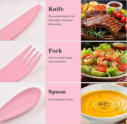 1 PCS Reusable Utensils Set with Case, Camping Utensils Plastic Spoons and Forks Sets for Lunch Box Accessories, Portable Cutlery Set for Kids Adults Travel Picnic Office Lunch Daily Use(Pink)