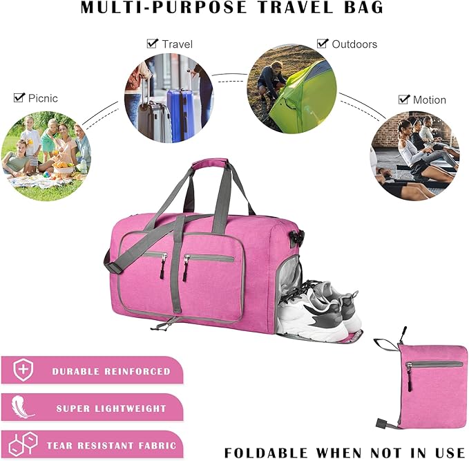 Dimayar 85L Travel Duffle Bag for Men Women - Foldable Duffel Bag with Shoes Compartment - Overnight Bags Waterproof & Tear Resistant(Rouge Pink)