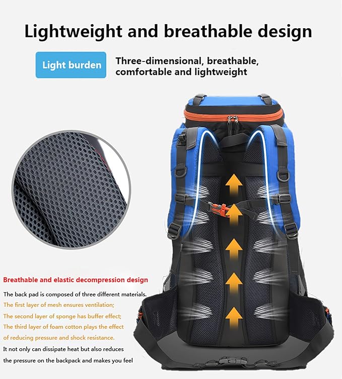 Bseash 60L Hiking Camping Backpack with Rain Cover, Waterproof Large Capacity Outdoor Sport Travel Daypack Climbing Touring (Navy Blue)