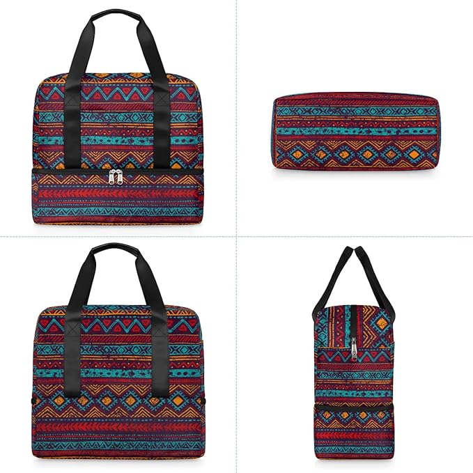 Sports Gym Bag Western Ethnic Aztec Travel Duffel Bag Waterproof Lightweight Swim Bag Travel Tote Luggage Weekender Overnight Handbag Workout Bag with Shoes Compartment for Women Men