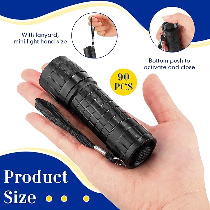 90 Pcs Mini Flashlight 9 LED Handheld Torch Bulk Kids Flashlight Plastic Handheld Flashlights with Lanyard Camping Necessities for Homeless School, 270 Pcs AAA Batteries Included (Black)